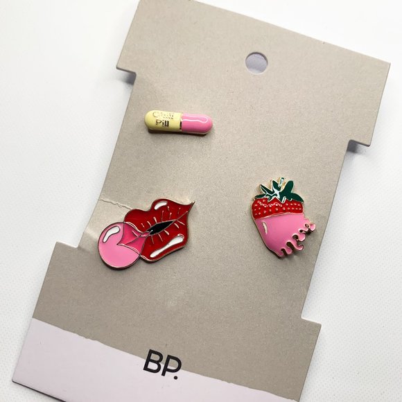 NEW BP set of 3 enamel pins pink red chill pill strawberry bubble gum - Picture 2 of 3